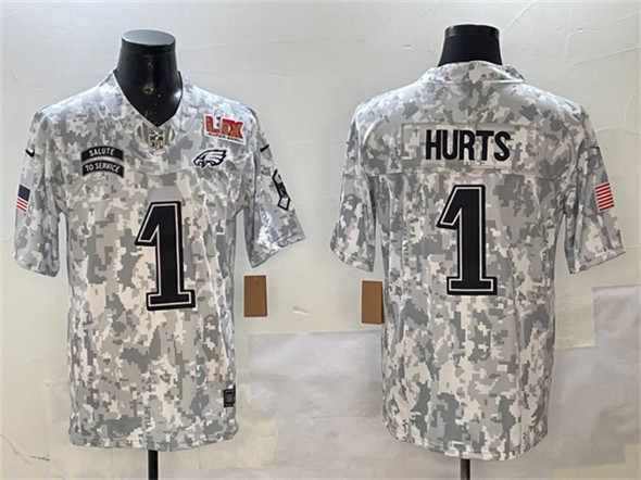 Philadelphia Eagles #1 Jalen Hurts Arctic Camo 2025 Super Bowl LIX Patch F.U.S.E Salute To Service Limited Stitched Jersey - Zenithce