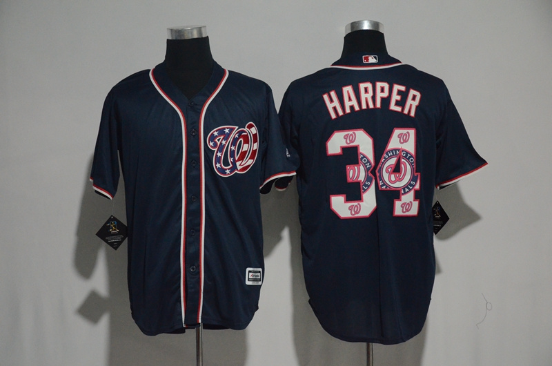 Washington Nationals #34 Bryce Harper Navy Team Logo Print Cool Base Stitched Jersey - Zenithce