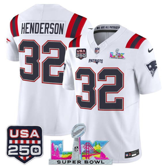 New England Patriots #32 TreVeyon Henderson White 2025 F.U.S.E. Super Bowl LX Patch And USA 250' Patch Vapor Limited Stitched Jersey - Zenithce
