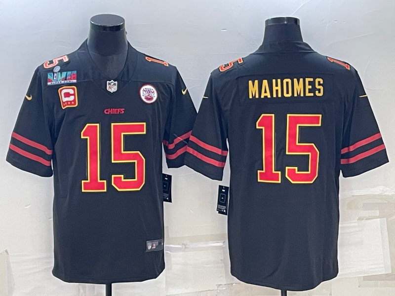 Kansas City Chiefs #15 Patrick Mahomes Black Red Gold Super Bowl LVII Patch And 4-Star C Patch Vapor Untouchable Limited Stitched Jersey - Zenithce