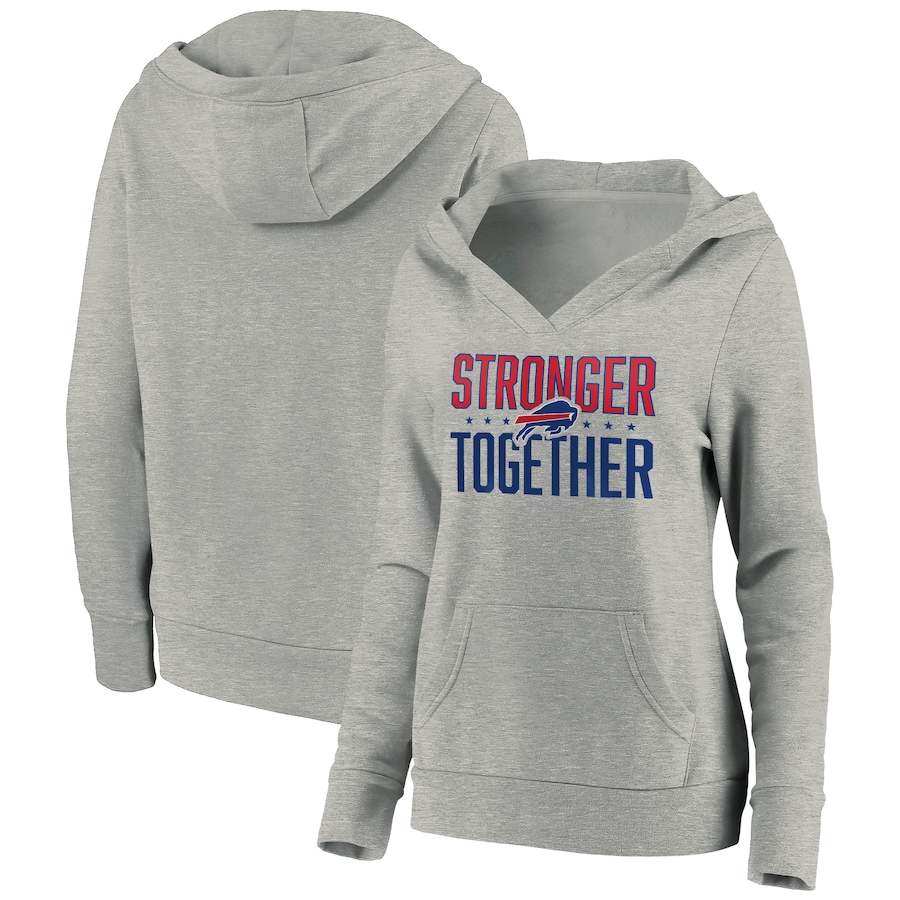 Women's Buffalo Bills Heather Gray Stronger Together Crossover Neck Pullover Hoodie(Run Small) - Zenithce