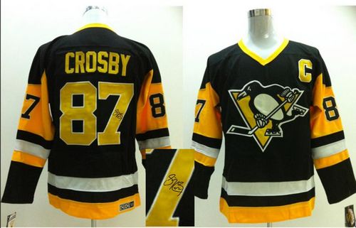 Penguins #87 Sidney Crosby Black CCM Throwback Autographed Stitched Jersey - Zenithce
