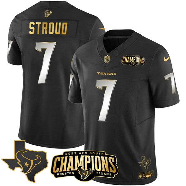 Houston Texans #7 C.J. Stroud Black Golden 2023 F.U.S.E. With AFC South Champions Patch And Team Logo Patch Limited Stitched Jersey - Zenithce