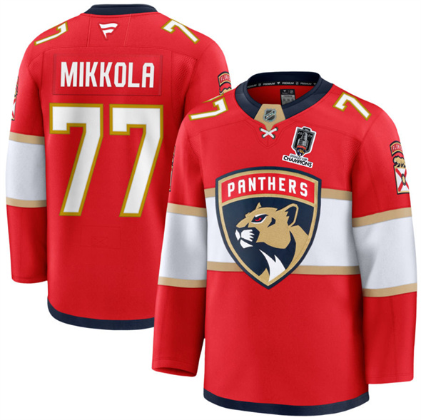 Florida Panthers #77 Niko Mikkola Red Home 2025 Stanley Cup Champions Patch Stitched Jersey - Zenithce