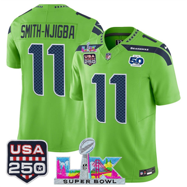 Seattle Seahawks #11 Jaxon Smith-Njigba Green 2025 F.U.S.E. Super Bowl LX Patch And 50th Season USA 250' Patch Vapor Limited Stitched Jersey - Zenithce