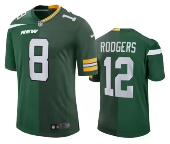 New York Jets Front #8 Back #12 Aaron Rodgers Split Green Jersey - Zenithce