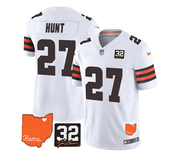 Cleveland Browns #27 Kareem Hunt White 2023 F.U.S.E. With Jim Brown Memorial Patch Vapor Untouchable Limited Stitched Jersey - Zenithce