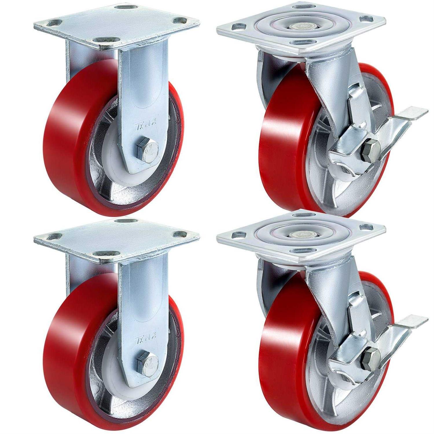 VEVOR 4 Pack 6 x 2 inch Caster Wheels 2 Rigid and 2 Swivel Casters with Side Brake Polyurethane Iron Core Plate 1000lbs Capacity Per Wheel JL6IN2WXPSJ2DXTXHV0 - Zenithce
