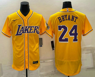 Los Angeles Lakers #24 Kobe Bryant Yellow Cool Base Stitched Baseball Jersey - Zenithce