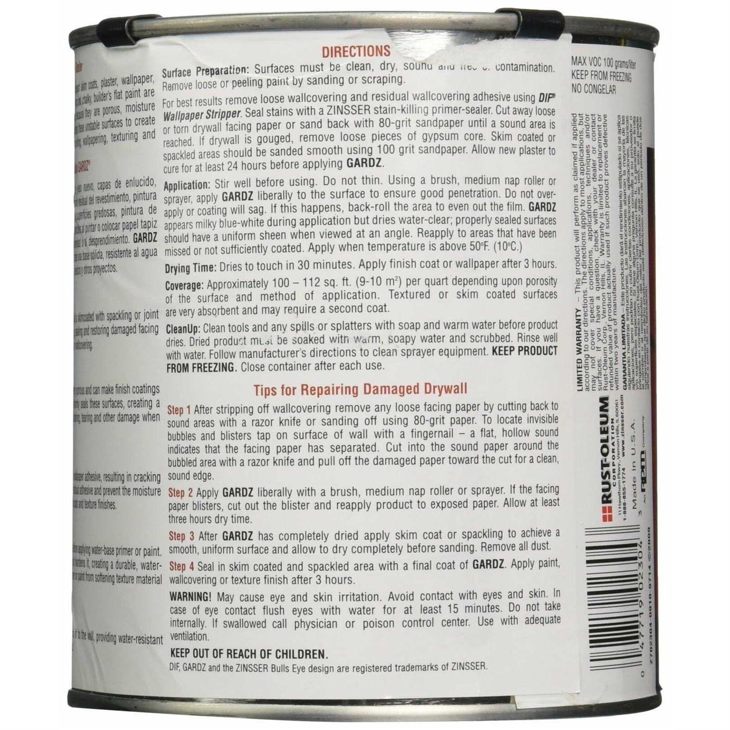 Zinsser Gardz Problem Surface Sealer 02301 - Zenithce