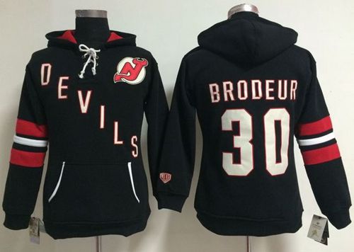 New Jersey Devils #30 Martin Brodeur Black Women's Old Time Heidi NHL Hoodie - Zenithce
