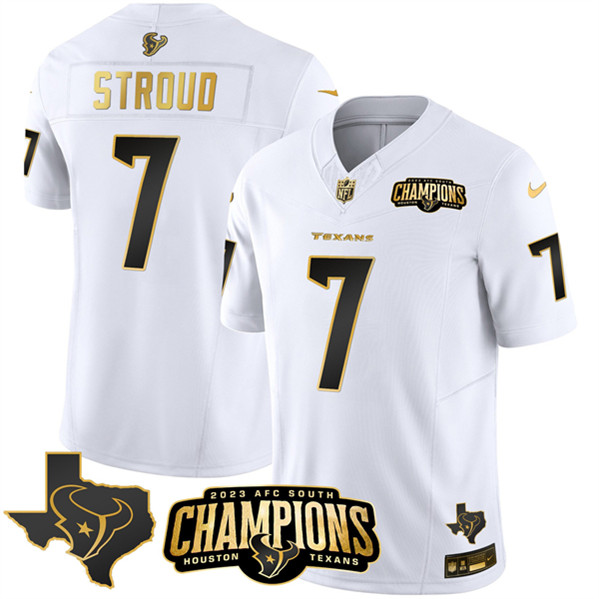 Houston Texans #7 C.J. Stroud White Golden 2023 F.U.S.E. With AFC South Champions Patch And Team Logo Patch Limited Stitched Jersey - Zenithce