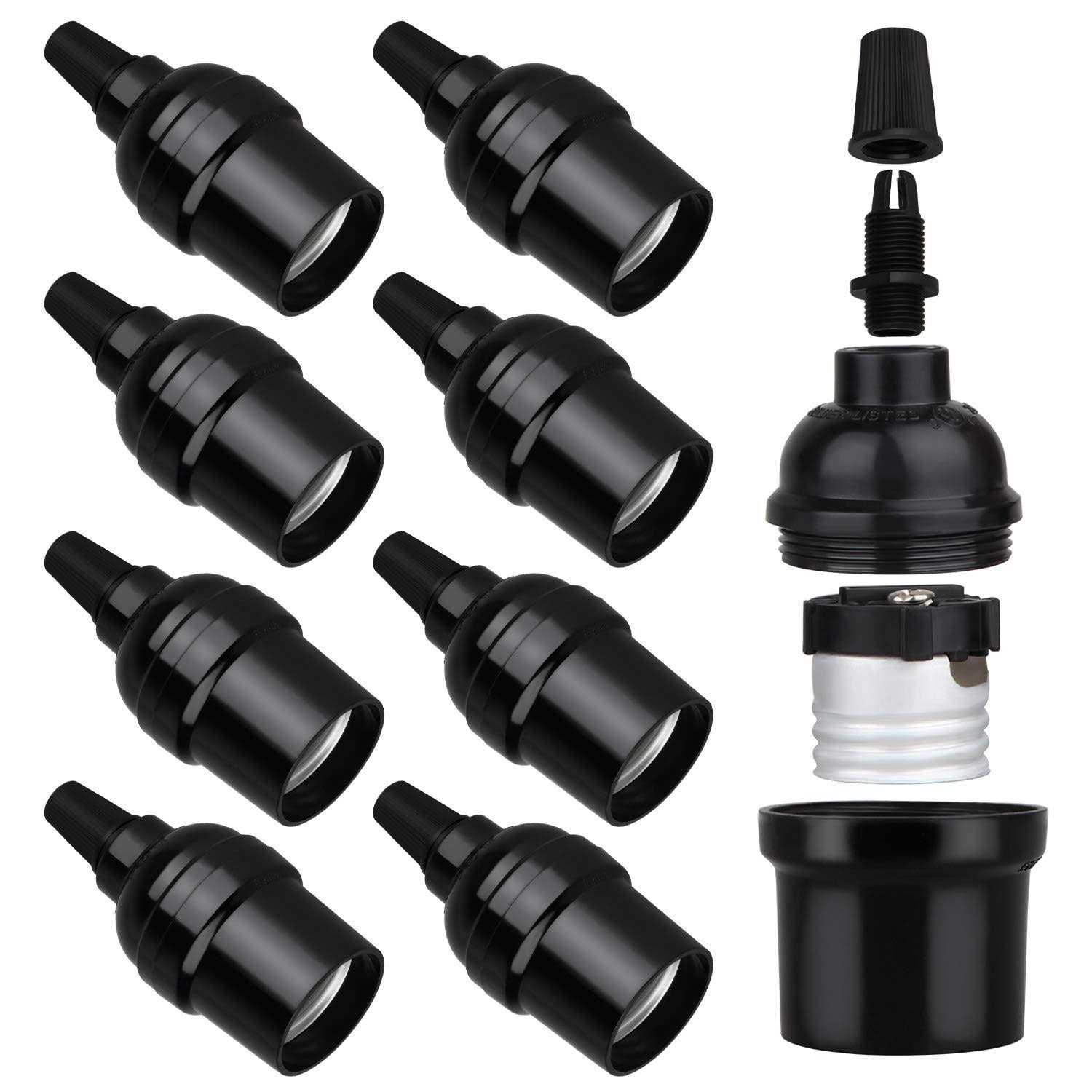Zevnico 8 Pack E26 E27 Light Sockets Black Medium Screw Base with Shade Ring - Zenithce