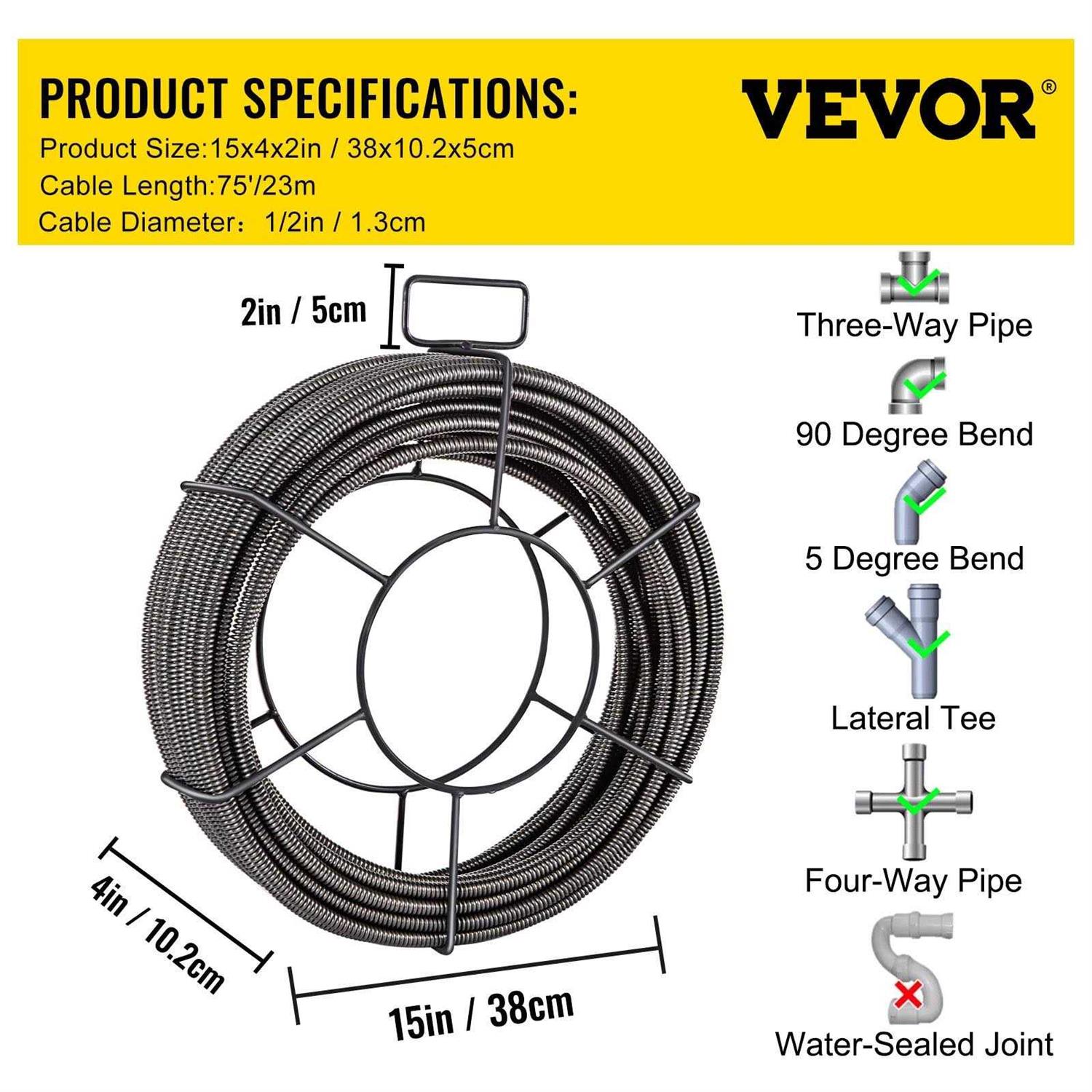 VEVOR Drain Cable Sewer Cable 50ft 3/8In Drain Cleaning Cable Auger Snake Pipe - Zenithce