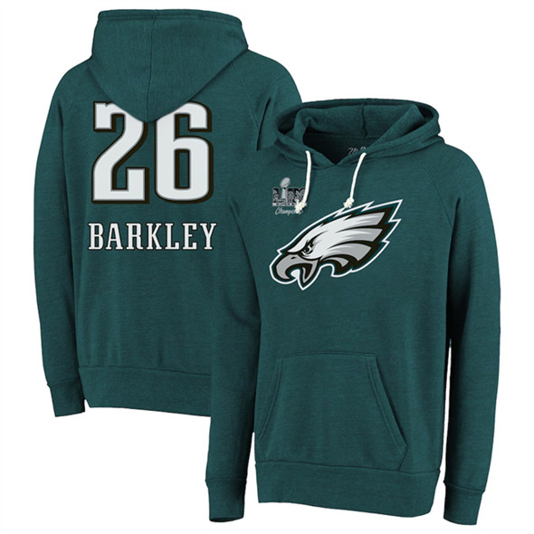 Philadelphia Eagles #26 Saquon Barkley Midnight Green Super Bowl LIX Champions Name Number Tri-Blend Pullover Hoodie - Zenithce
