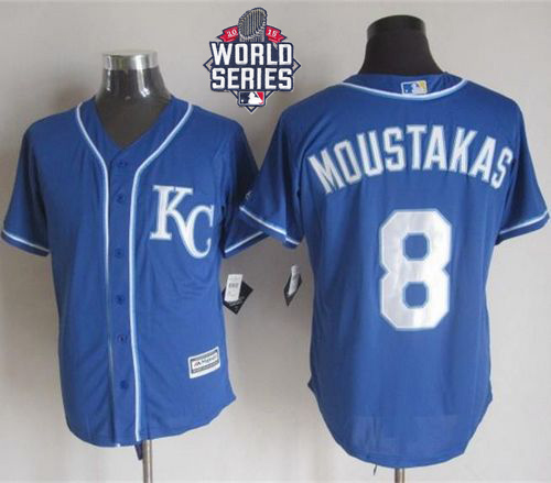 Royals #8 Mike Moustakas Blue Alternate 2 New Cool Base W 2015 World Series Patch Stitched Jersey - Zenithce