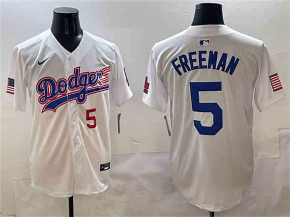 Los Angeles Dodgers #5 Freddie Freeman White With American Flag Patch Limited Stitched Jersey - Zenithce