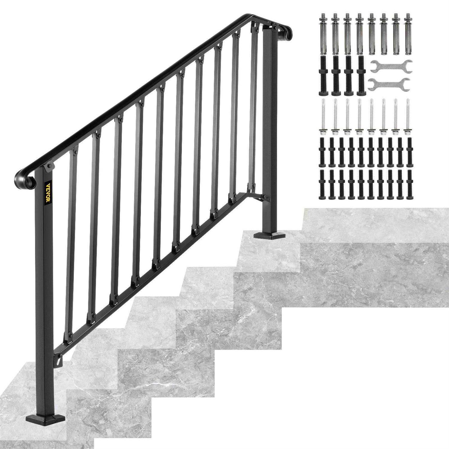 VEVOR 4 ft. Handrails for Outdoor Steps Fit 4 or 5 Steps Outdoor Stair Railing Wrought Iron Handrail with baluster LTFS4H5BHSTL00001V0 - Zenithce