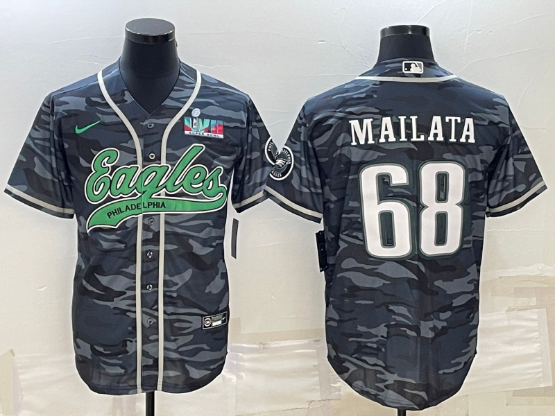 Philadelphia Eagles #68 Jordan Mailata Grey Camo With Super Bowl LVII Patch Cool Base Stitched Baseball Jersey - Zenithce