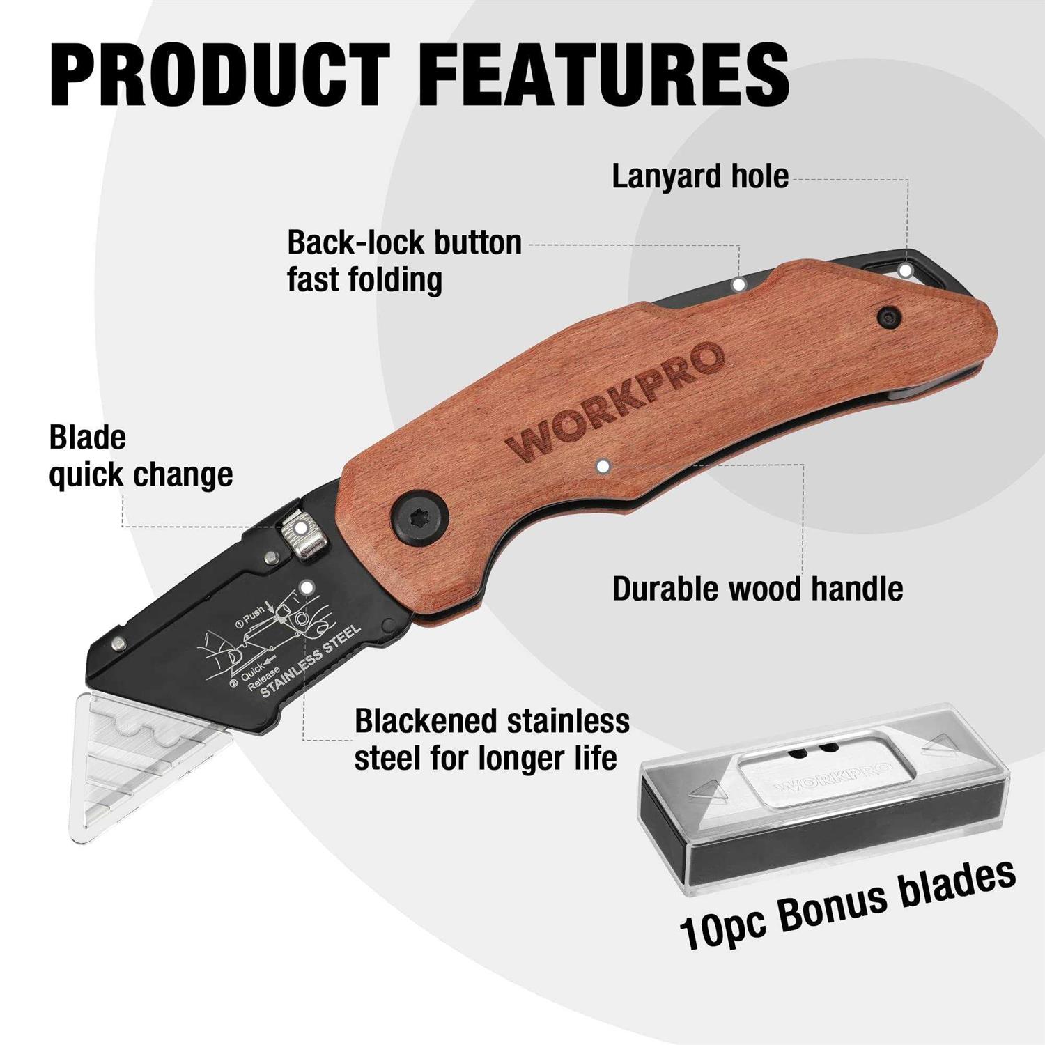 WORKPRO Folding Utility Knife Quick Change Box Cutter Razor Knife for Cartons - Zenithce