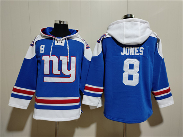 New York Giants #8 Daniel Jones Blue Ageless Must-Have Lace-Up Pullover Hoodie - Zenithce