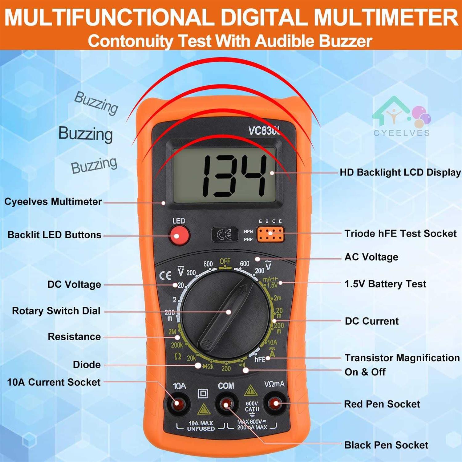 Digital Multimeter for Voltage, Resistance, Current, Continuity, Battery and Diode Multi Tester with Probes - Zenithce