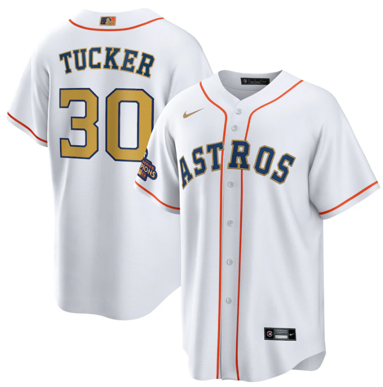 Houston Astros #30 Kyle Tucker White 2023 Gold Collection With World Serise Champions Patch Cool Base Stitched Jersey - Zenithce