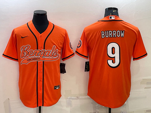 Cincinnati Bengals #9 Joe Burrow Orange With Patch Cool Base Stitched Baseball Jersey - Zenithce