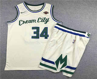Milwaukee Bucks #34 Giannis Antetokounmpo Cream 2020 City Edition Swingman Jersey With Shorts - Zenithce