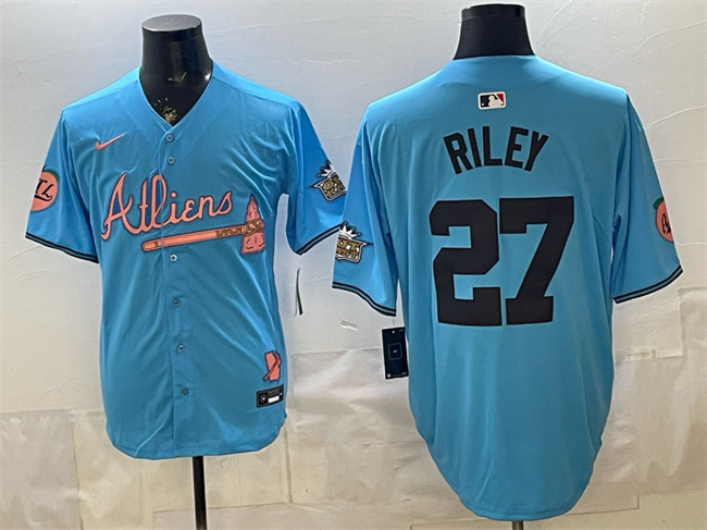 Atlanta Braves #27 Austin Riley Blue 2024 Atliens Peach With Outkast Patch Vapor Limited Stitched Jersey - Zenithce