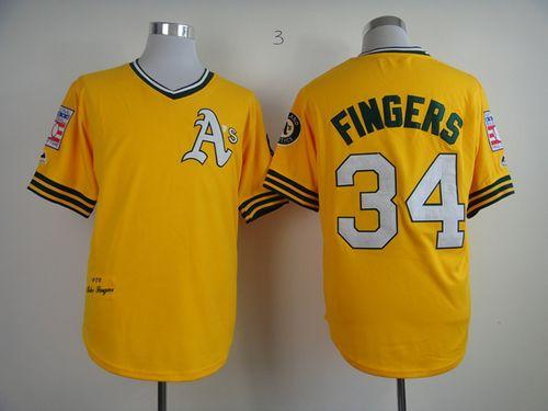 Mitchell And Ness Athletics #34 Rollie Fingers Yellow Throwback Stitched Jersey - Zenithce