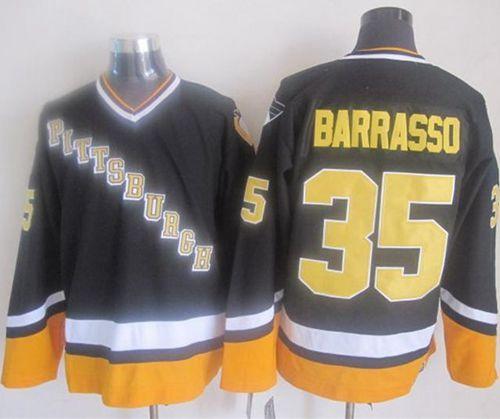 Penguins #35 Tom Barrasso Black Yellow CCM Throwback Stitched Jersey - Zenithce