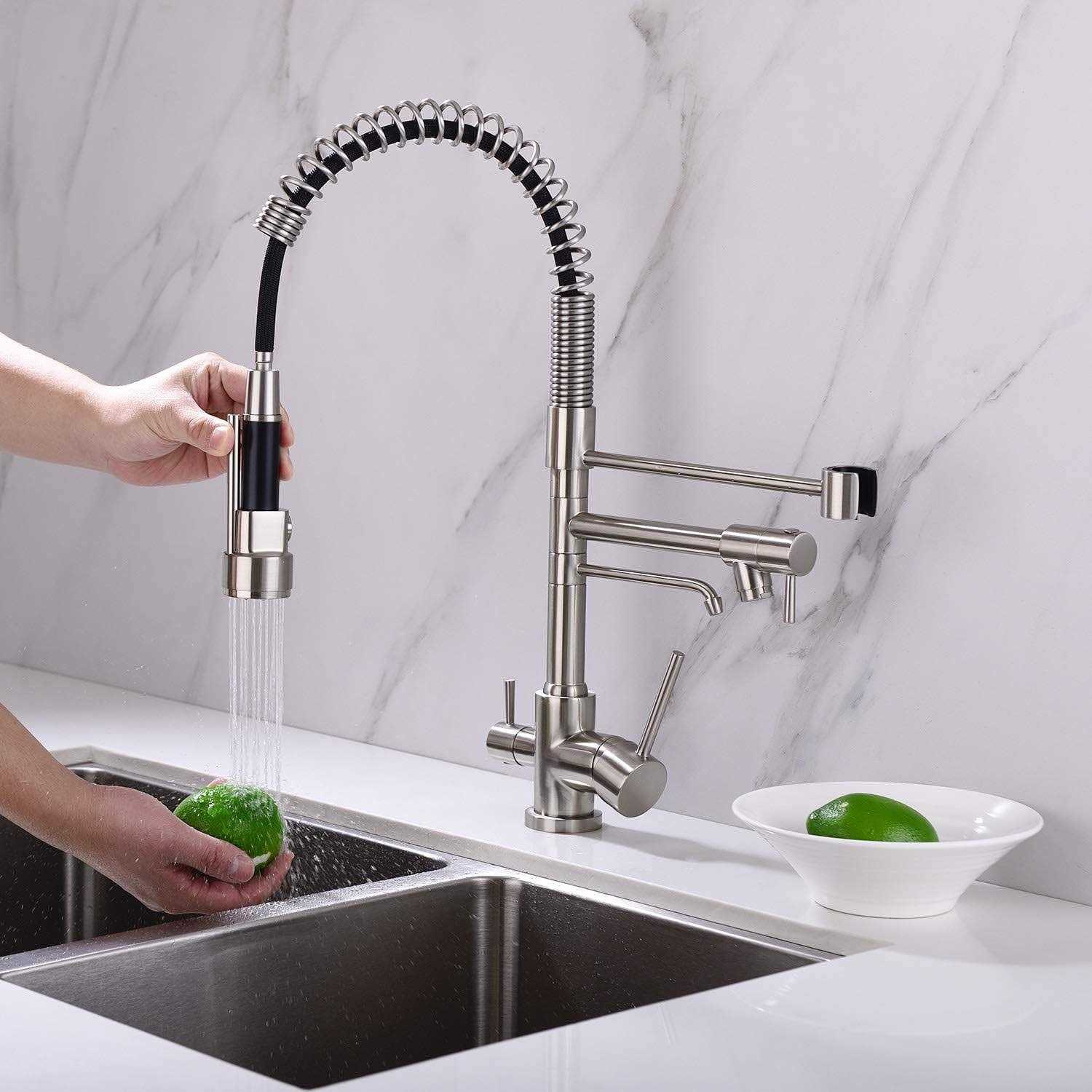 Delle Rosa Kitchen Faucet, 3 Way Drinking Water Faucet, 3 in 1 Water Purifier Faucets, High Arc and Dual Handles Commercial Kitchen Faucet Brushed - Zenithce
