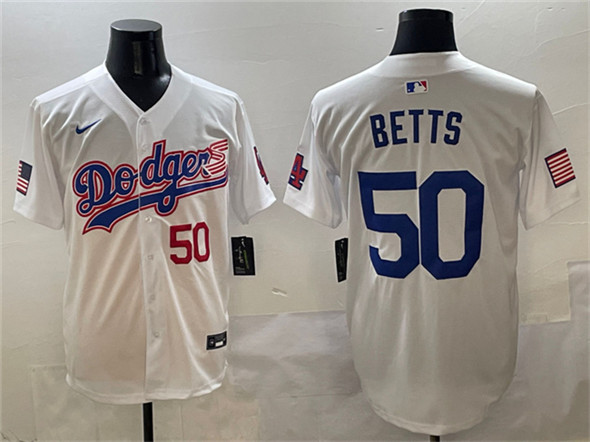 Los Angeles Dodgers #50 Mookie Betts White With American Flag Patch Limited Stitched Jersey - Zenithce