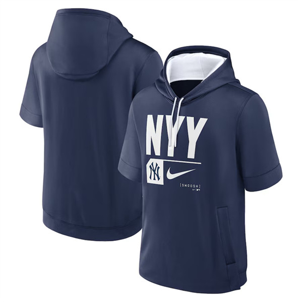 New York Yankees Navy Tri Code Lockup Short Sleeve Pullover Hoodie - Zenithce