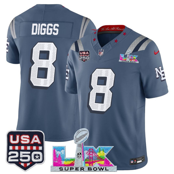 New England Patriots #8 Stefon Diggs Storm Blue 2025 F.U.S.E. Super Bowl LX USA 250' Patch “Rivalries” Vapor Limited Stitched Jersey - Zenithce