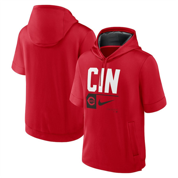 Cincinnati Reds Red Tri Code Lockup Short Sleeve Pullover Hoodie - Zenithce