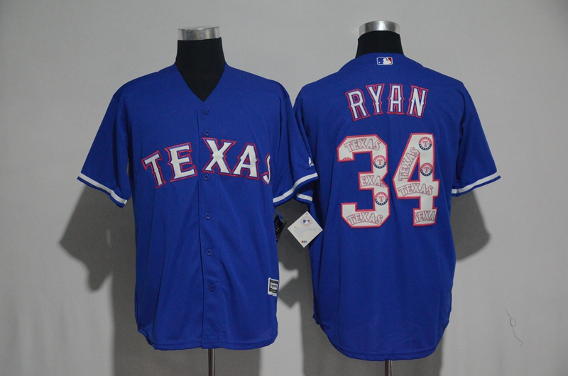 Texas Rangers #34 Nolan Ryan Blue Team Logo Print Cool Base Stitched Jersey - Zenithce