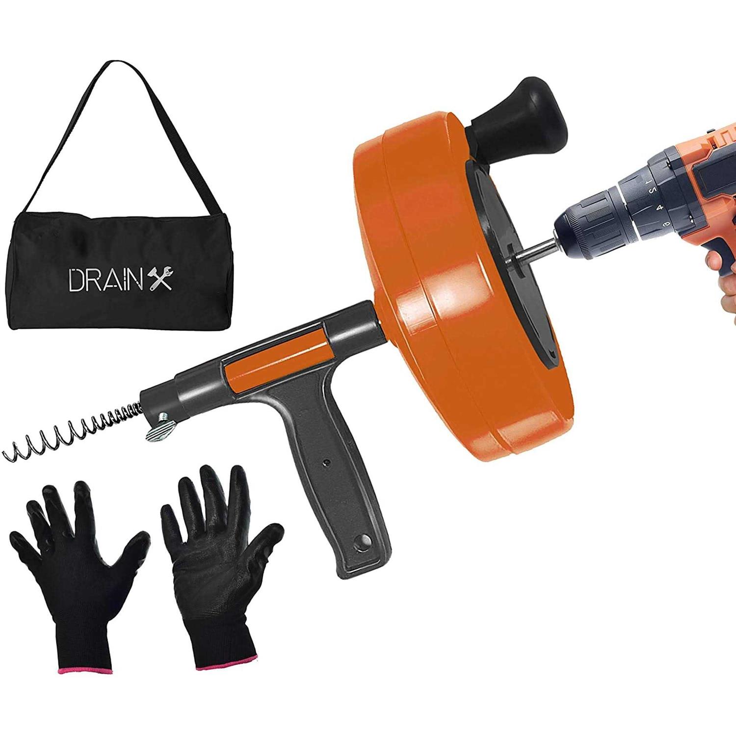 Drainx Heavy-Duty-Steel Pro Drum Drain Auger, 25 Ft., with Work Gloves and Carrying Pouch - Zenithce