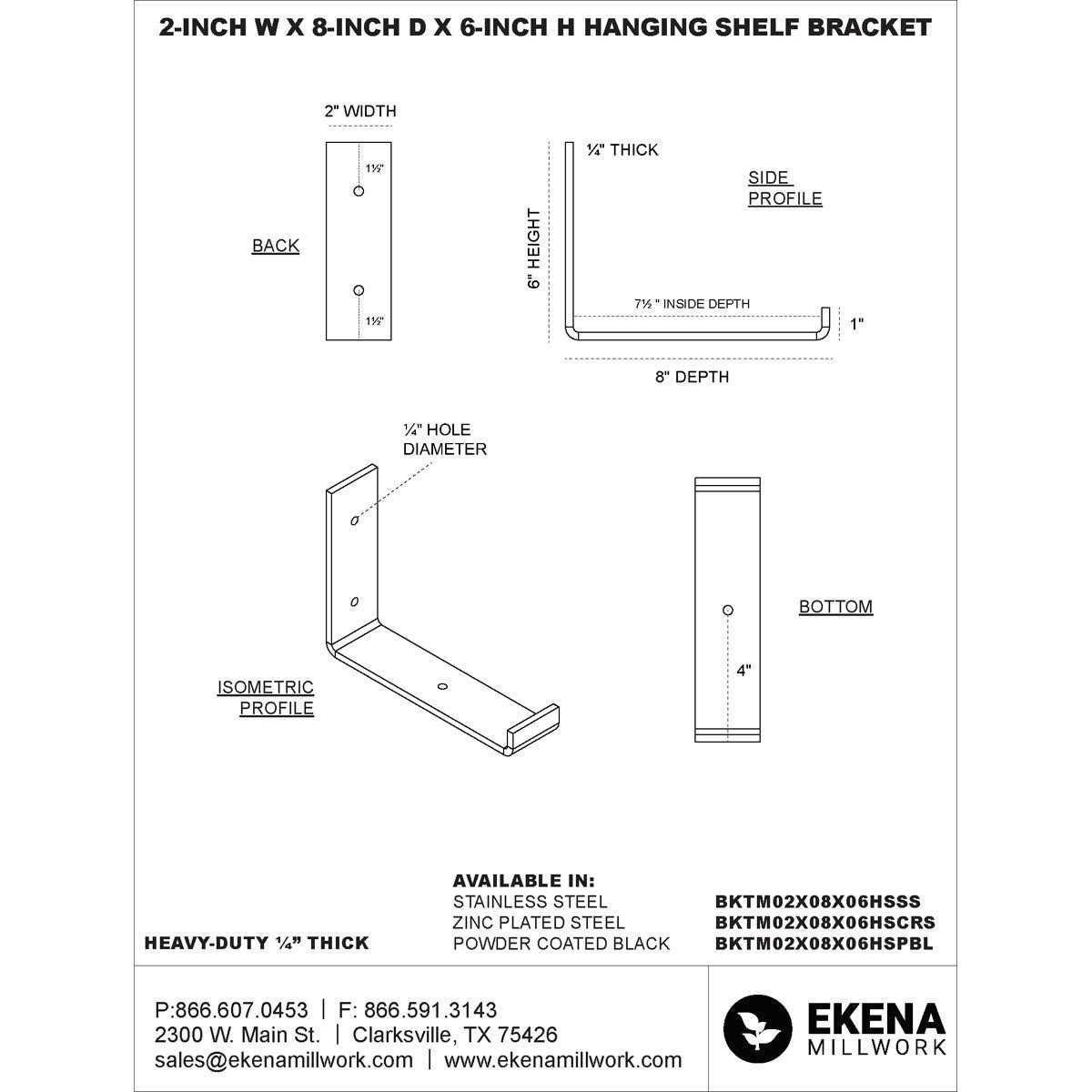 Ekena Millwork 2W x 6D x 5 1/2H Steel Hanging Shelf Bracket - Zenithce