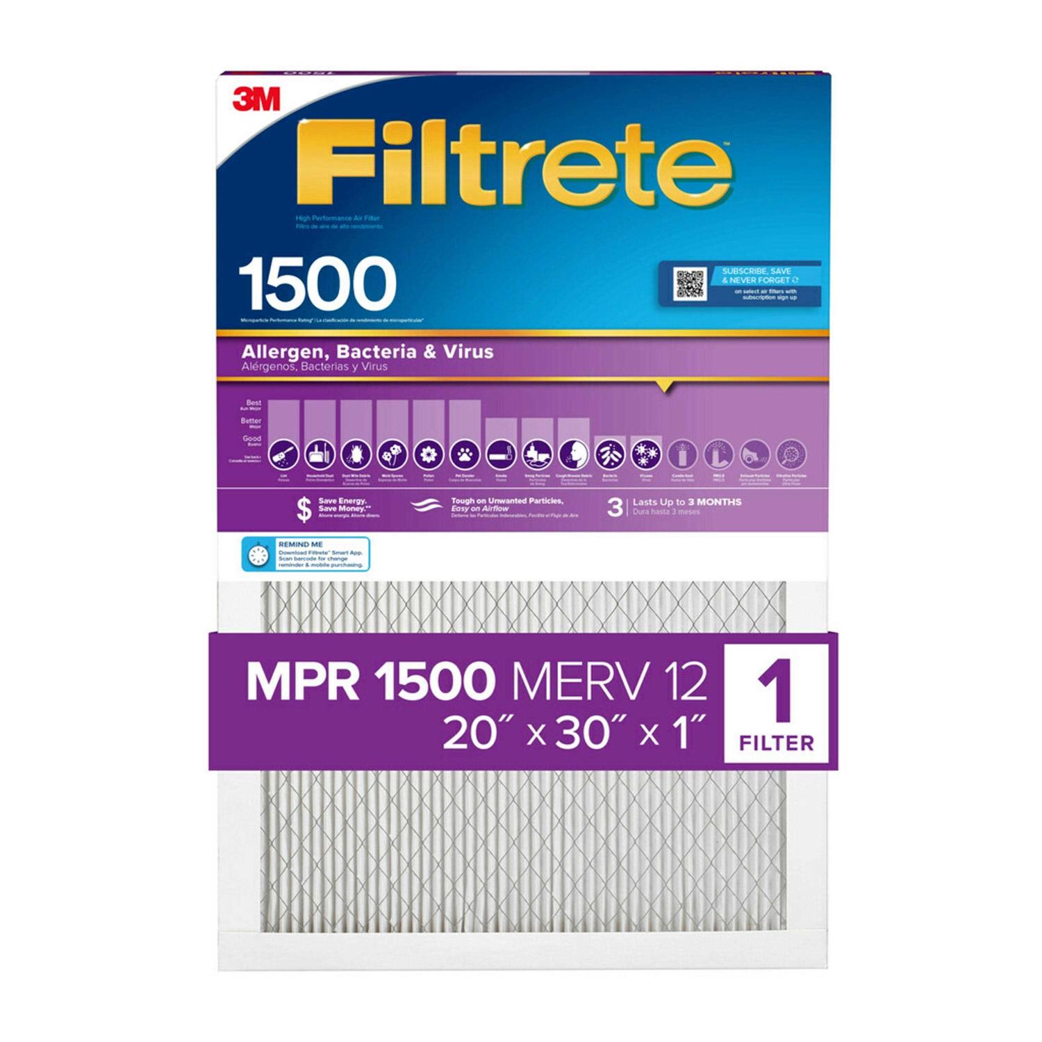 Filtrete 1-in 12 MERV 1500 MPR Allergen, Bacteria and Virus Electrostatic Pleated Air Filter - Zenithce