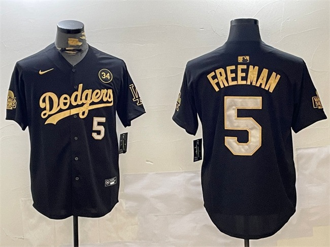 Los Angeles Dodgers #5 Freddie Freeman Black Gold 2024 World Series With No. 34 Patch Limited Stitched Jersey - Zenithce