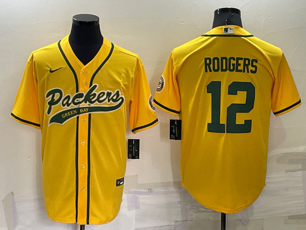 Green Bay Packers #12 Aaron Rodgers Yellow Cool Base Stitched Baseball Jersey - Zenithce