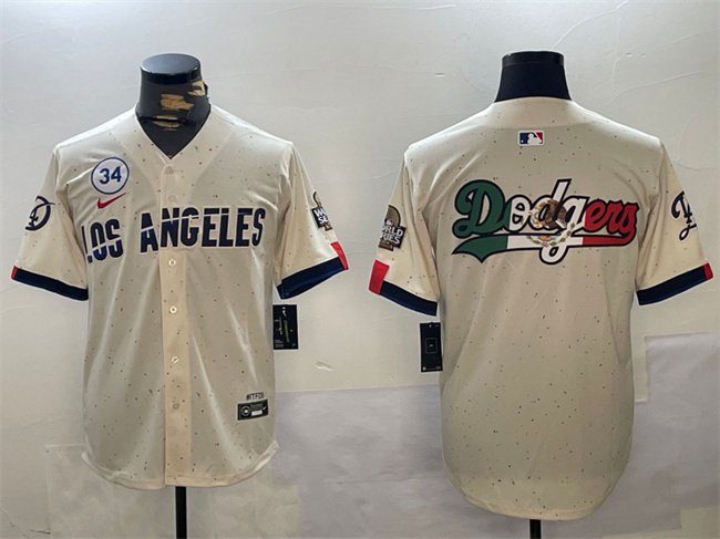 Los Angeles Dodgers Team Big Logo Cream 2024 World Series With No. 34 Patch Limited Stitched Jersey - Zenithce