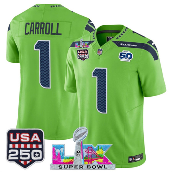 Seattle Seahawks #1 Pete Carroll Green 2025 F.U.S.E. Super Bowl LX Patch And 50th Season USA 250' Patch Vapor Limited Stitched Jersey - Zenithce