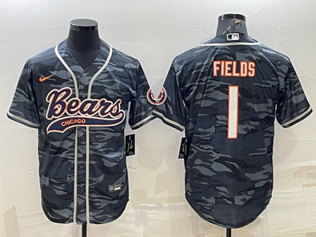Chicago Bears Blank #1 Justin Fields Gray Camo With Patch Cool Base Stitched Baseball Jersey - Zenithce