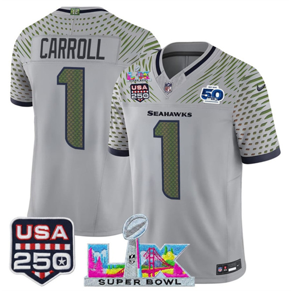 Seattle Seahawks #1 Pete Carroll Gray 2025 F.U.S.E. Super Bowl LX US 250th anniversary Patch And 50th Season Patch “Rivalries” Vapor Limited Stitched Jersey - Zenithce