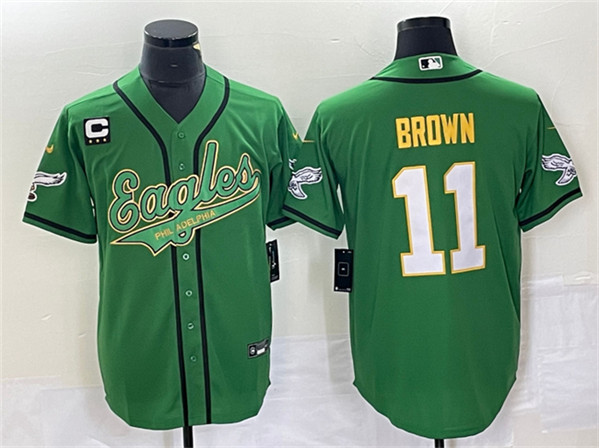Philadelphia Eagles #11 A. J. Brown Green Gold With C Patch Cool Base Stitched Jersey - Zenithce
