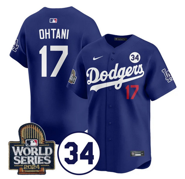 Los Angeles Dodgers #17 Shohei Ohtani Royal 2024 World Series With No. 34 Patch Cool Base Stitched Jersey - Zenithce
