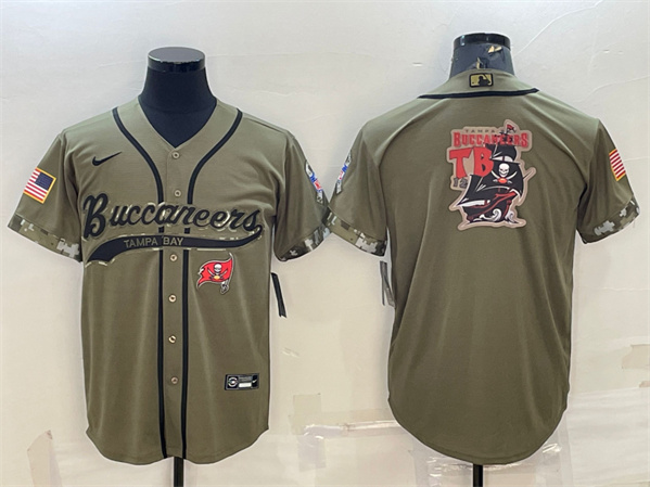 Tampa Bay Buccaneers Olive 2022 Salute To Service Team Big Logo Cool Base Stitched Baseball Jersey - Zenithce